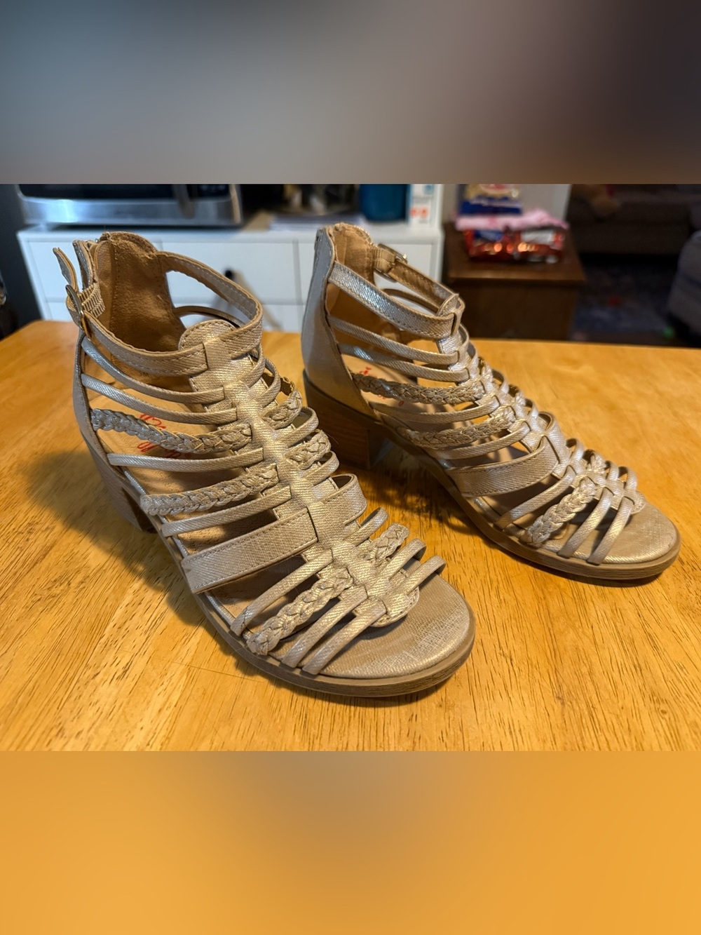 Girls Strappy Braided Sandal Heels in Light Taupe